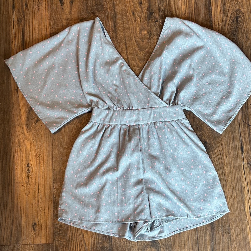Light Gray Polka Dot Romper - Women's V-Neck Jumpsuit